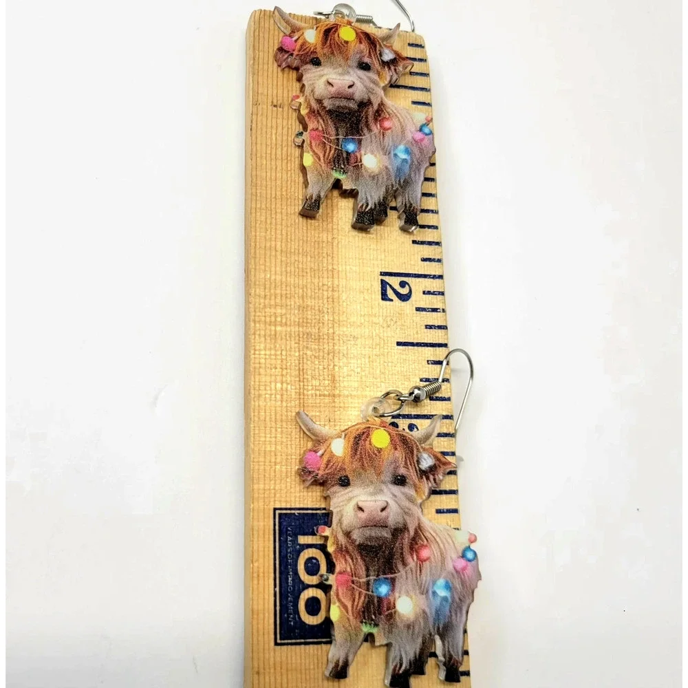 Highland Cow Christmas‎ Lights Dangle Earrings Women Holiday Acrylic Jewelry